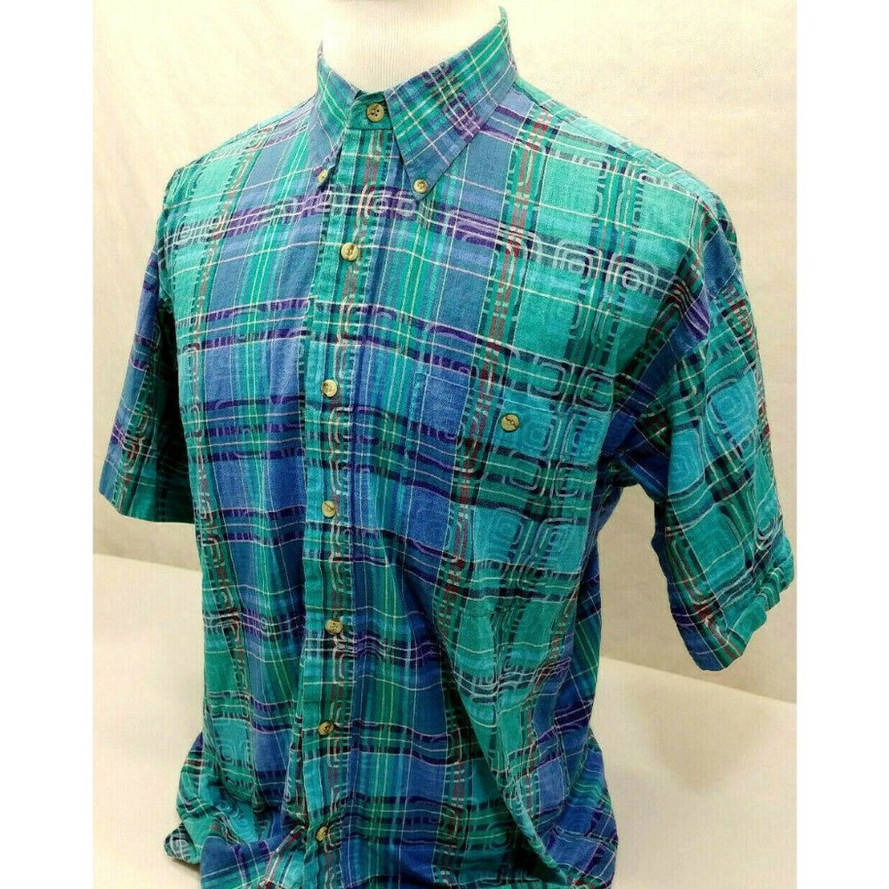Cordova Vtg Abstract Geometric Colorful S/S Button Down Cool Cotton Shirt Mens L